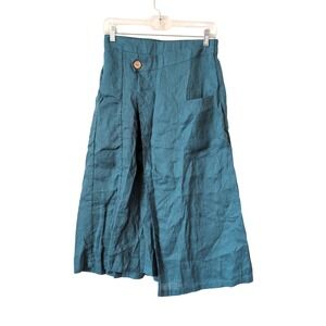 LINTICO Teal Linen Asymmetrical Midi Skirt With Button Detail Size S Lagenlook